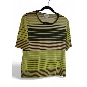 Puli Women’s Short Sleeve Striped Top – Size Large – Green & Brown Tones
